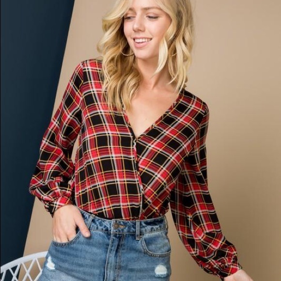 JEÂ Tops - Long Billowed Sleeve Plaid Bodysuit
